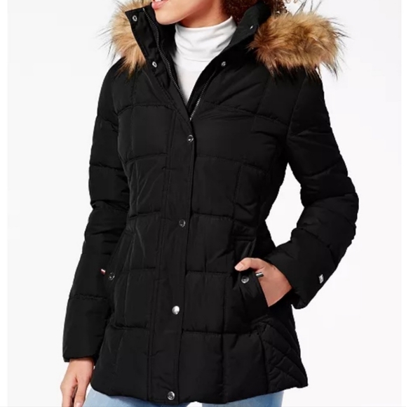TOMMY HILFIGER Hooded Faux-Fur-Trim Puffer Coat -2°F warmth Black Size X… - Picture 1 of 13